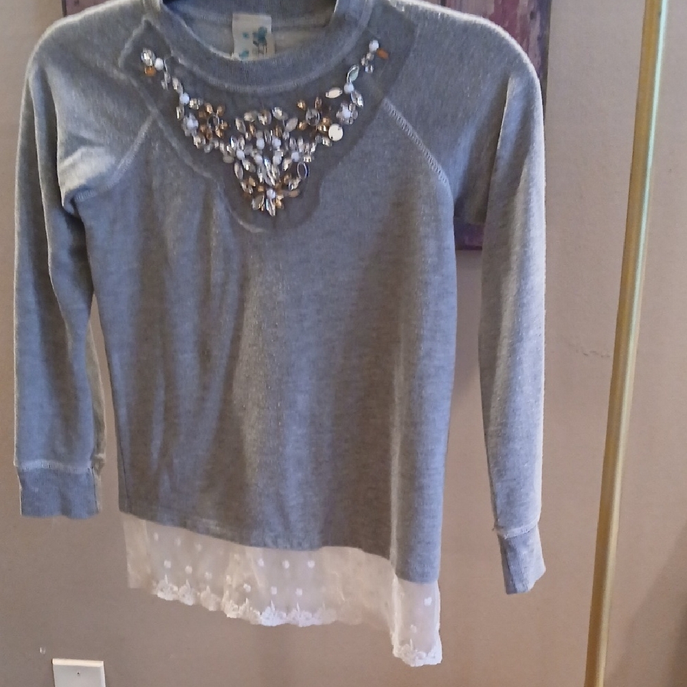 Lily Bleu Gray Sweater with Lace and Sequin Detail